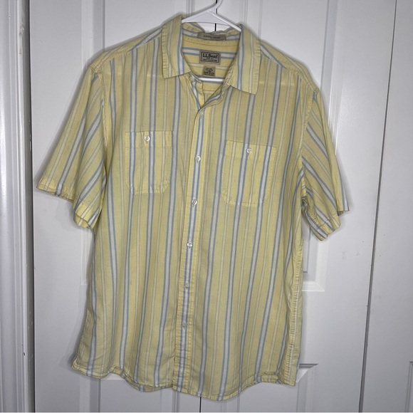 L.L. Bean Yellow Blue Striped Linen Blend Size Large Button Up Short Sleeve Mens - Picture 1 of 5